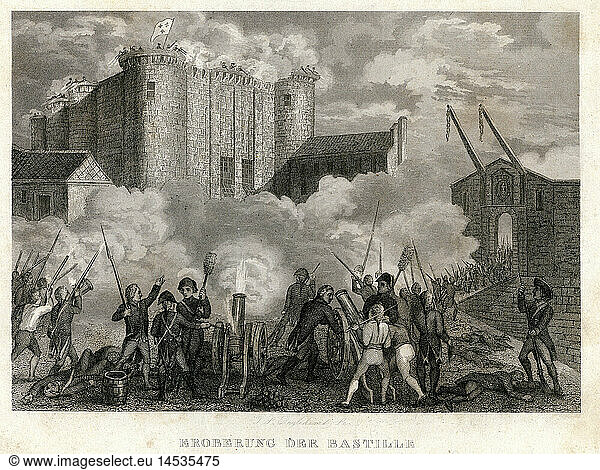 geography / travel  France  French Revolution 1789 - 1799  storming of the Bastille  14.7.1789  steel engraving  19th century  attacking  people  Paris  prison  crowd  politics  18th century  historic  historical