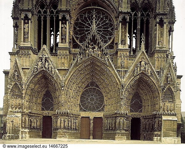geography/travel  France  Laon  churches and convents  Notre-Dame cathedral  exterior view  western facade with Kings portal and rose window  1160 - 1225
