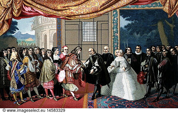 geography / travel  France  meeting of King Louis XIV with King Philipp IV of Spain  1660