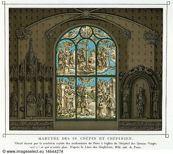 geography / travel  France  Paris  Hopital des Quinze-Vingts  church  interior view  detail  window  martyr of saints Crispin and Crispinian  devoted by the guild of shoemakers  16th century  colour lithograph  19th century  religion  christianity  Middle Ages  architecture  Gothic  historic  historical  Quinze - Vingts  medieval