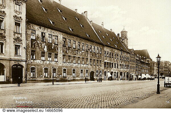 geography / travel  Germany  Augsburg  Fugger Houses  Maximilianstrasse  exterior view  picture postcard  Trinks  Leipzig  um 1910
