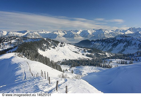 geography / travel  Germany  Bavaria  landscapes  Alps  Riedberger Horn  skiing area Grasgehren  Allgaeuer Hauptkamm (mountain range) with Nebelhorn (mount)  Hochvogel (mount)  Trettachspitze (mount)