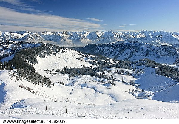geography / travel  Germany  Bavaria  landscapes  Alps  Riedberger Horn  skiing area Grasgehren  Allgaeuer Hauptkamm (mountain ridge)  with Nebelhorn (mount)  Hochvogel (mount)  Trettachspitze (mount)