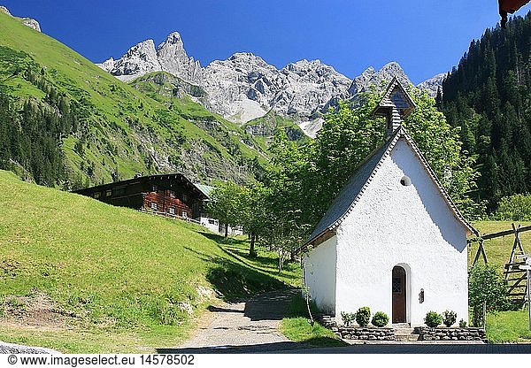 geography / travel  Germany  Bavaria  landscapes  Alps  Stillachtal  Einoedsbach  Trettachspitze (mount)  Maedelegabel (mount)  Alpine hut  chapel
