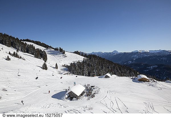 geography / travel  Germany  Bavaria  Lenggries  Finstermuenzalm in the skiing area Brauneck with Bavarian pre-Alps and Karwendel (mountain)  Lenggries  Upper Bavaria