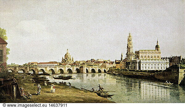 geography / travel  Germany  Dresden  'Dresden from the right bank of the Elbe below the Augustus Bridge'  painting by Bernardo Bellotto  1748