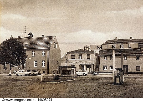 geography / travel  Germany  GDR  Elster-Elbe  market with Minol petrol station  1960s