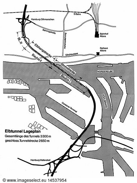 geography / travel  Germany  Hamburg  transport  New Elbe Tunnel  site plan  1975  traffic  motorway  street  A7  West Germany  Central Europe  1970s  70s  20th century  historic  historical
