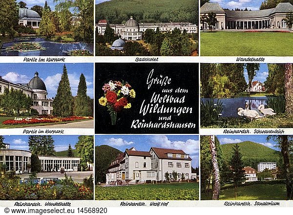 geography / travel  Germany  Hesse  Bad Wildungen and Reinhardshausen  picture postcard  1961