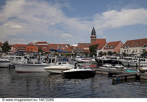 geography / travel  Germany  Mecklenburg-West Pomerania  Mecklenburg Lake District  Waren (MÃ¼ritz)  townscape with St. Mary's Church  port