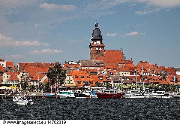 geography / travel  Germany  Mecklenburg-West Pomerania  Mecklenburg Lake District  Waren (MÃ¼ritz)  townscape with St. Mary's Church  port