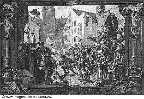 geography/travel  Germany  Munich  custom  cooperS_x0001_s dance in the 16th century  wood engraving after scetch by Heinrich Heim  late 19th century  people  professions  cooper  coopers  dance  barrel  Bavaria  Europe  historic  historical  middle ages  medieval