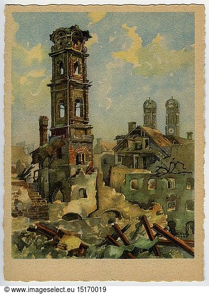 geography / travel  Germany  Munich  Herzogspital Church  exterior view  tower  postcard after watercolour by Gebhard Reitz  1949