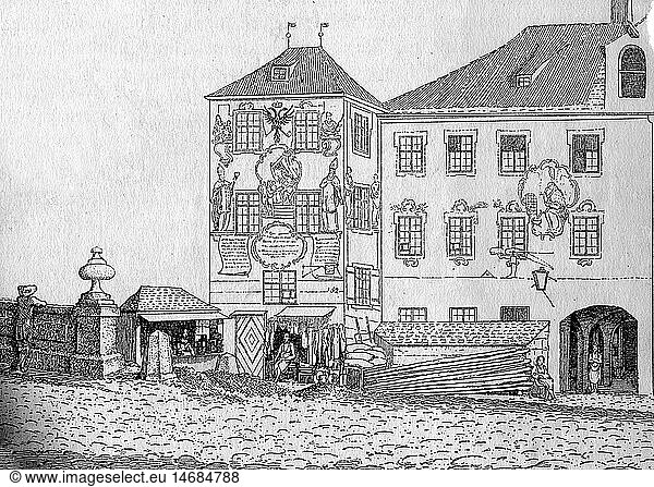 geography / travel  Germany  Munich  Im Tal  etching by Friedrich Bollinger (1777 - 1825)  HochbrÃ¼cken Mill and house of the baker servants fraternity  etching by Friedrich Bollinger (1777 - 1825)  Old Town  street  Bavaria  Europe  19th century  historic  historical  people