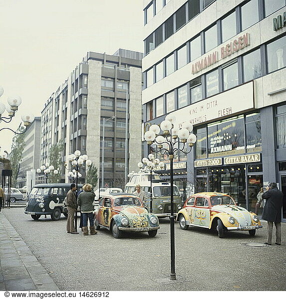 geography/travel  Germany  Munich  Leopoldstrasse  painted Volkswagen 'Beatles' in front of the 'Citta 2000'  circa 1970