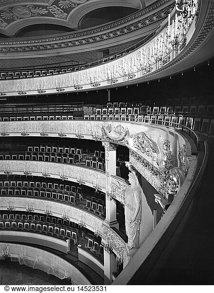 geography/travel  Germany  Munich  National Theatre  interior view  auditorium  balcony  reopening  21.11.1963  reconstruction 1958 - 1963  architects Gerhard Graubner and Karl Fischer  State Opera  Bavaria  Europe  20th century  historic  historical  1960s
