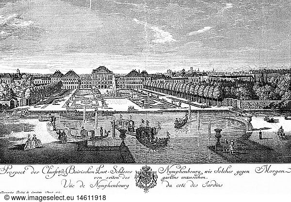 geography / travel  Germany  Munich  Nymphenburg Palace  built 1664 - 1675 by Agostino Barelli  extended 1702 - 1704 by Enrico Zuccalli and Giovanni Antonio Viscardi  exterior view  copper engraving after painting by Bernardo Bellotto  1761