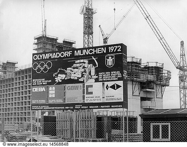 geography/travel  Germany  Munich  Olympiapark  construction 1968 - 1972  Olympic Village  blackboard  June 1970  construction site  crane  Olympic Games  Oberwiesenfeld  Bavaria  Europe  20th century  historic  historical  1970s