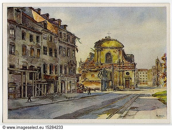 geography / travel  Germany  Munich  Promenadeplatz  view  postcard after watercolour by Gebhard Reitz  1946