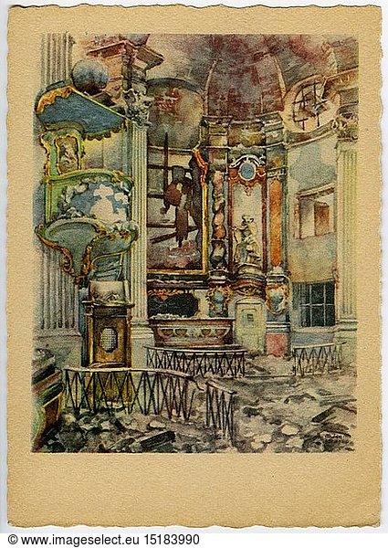 geography / travel  Germany  Munich  Saint Anne Convent Church  interior view  postcard after watercolour by Gebhard Reitz  1946