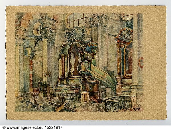 geography / travel  Germany  Munich  Saint Anne Convent Church  interior view  postcard after watercolour by Gebhard Reitz  1946