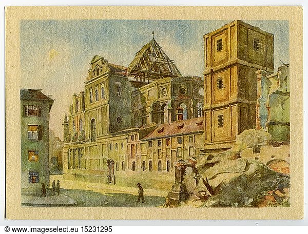 geography / travel  Germany  Munich  Saint Michaels Church  exterior view  postcard after watercolour by Gebhard Reitz  1946