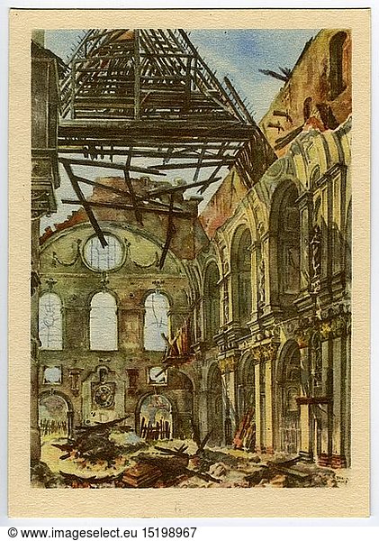 geography / travel  Germany  Munich  Saint Michaels Church  interior view  postcard after watercolour by Gebhard Reitz  1946