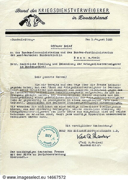 geography / travel  Germany  politics  1950s  Bund der Kriegsdienstverweigerer (League of Conscientious Objectors)  open letter  addressed to the German Federal Ministry of the Interior and the Federal Ministry of Justice  1.8.1951