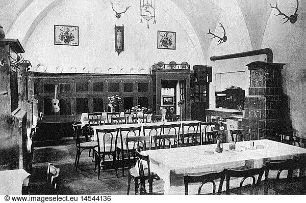 geography / travel  Germany  Rosenheim  gastronomy  tavern 'StockhammerbrÃ¤u'  interior view  picture postcard  print: Fr. Riedl  after 1910