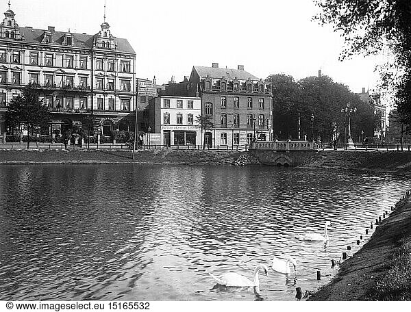 geography / travel  Germany  Schleswig-Holstein  Kiel  'Am kleinen Kiel (little lake with swans)  image from: 'Kiel  the most beautiful buildings  monuments and views etc.'  published by ' Neue Photogr. Gesellschaft AG ' (New photographic company)  Berlin / Steglitz  1906.