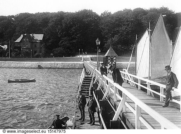 geography / travel  Germany  Schleswig-Holstein  Kiel  Bellevue  landing-stage with sailing boats  image from: 'Kiel  the most beautiful buildings  monuments and views etc.'  published by ' Neue Photogr. Gesellschaft AG ' (New photographic company)  Berlin / Steglitz  1906.