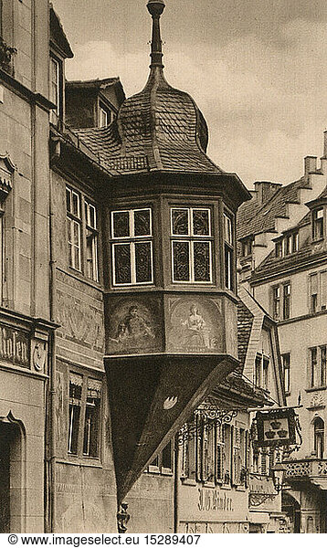 geography / travel  Germany  Wuerzburg  building  tavern 'Zu den Drei Kronen'  exterior view  oriel  picture postcard  publisher Hermann A. Peters  1920s