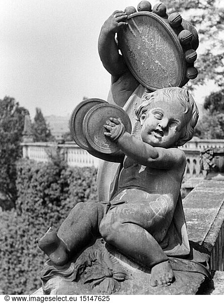 geography / travel  Germany  Wuerzburg  castles  Residenz  garden  sculpture by Johann Peter Wagner in the East garden  1950s