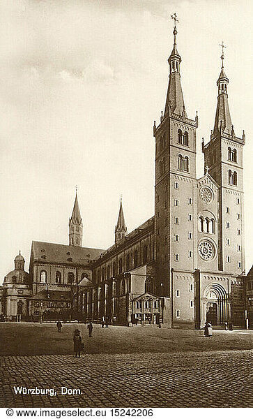 geography / travel  Germany  Wuerzburg  churches  cathedral Saint Kilian  exterior view  picture postcard  Bruno Hansmann  1920s