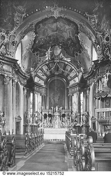 geography / travel  Germany  Wuerzburg  churches  Kaeppele  interior view  central aisle  picture postcard  Cramers Kunstanstalt  1930s