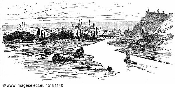geography / travel  Germany  Wuerzburg  view  wood engraving  late 19th century  city  city view  cityscape  city views  cityscapes  townscape  townscapes  river  rivers  on the Main  boat  boats  fortress Marienberg  Lower Franconia  Kingdom of Bavaria  German Empire  Imperial Era  Central Europe  no-people  view  views  historic  historical  Wuerzburg  WÃ¼rzburg  Wurzburg
