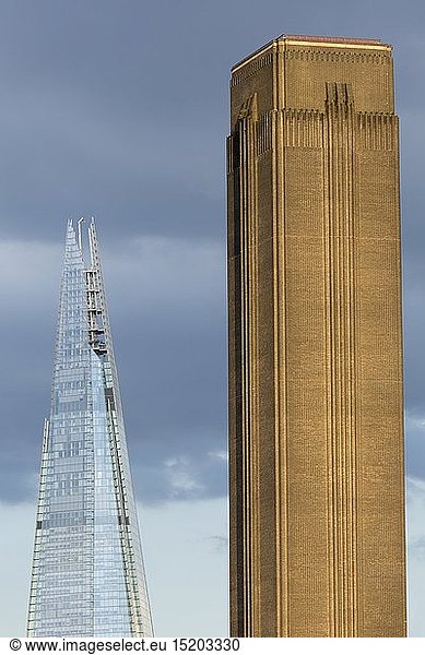 geography / travel  Great Britain  England  London  the Shard and a chimney on the Tate Modern gallery