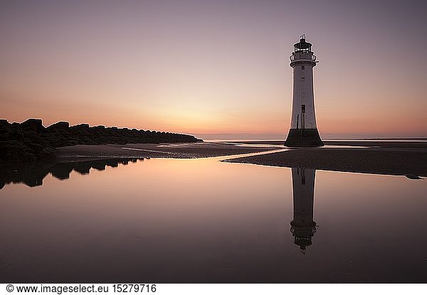 geography / travel  Great Britain  England  Perch Rock  New Brighton Lighthouse reflected at Sunset  The Wirral
