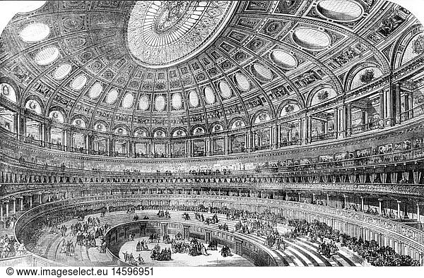 geography / travel  Great Britain  London  building  Royal Albert Hall  built 1867 - 1871 by Lucas Brothers  architect: Francis Fowke and Henry Young Darracott Scott  interior view  contemporary wood engraving  event hall  event halls  concert hall  arena  arenas  stand  stands  row of seats  rows of seats  architecture  dome  domes  Italianate style  Italianate style  rotunda  people  Victorian era  South Kensington  City of Westminster  England  Western Europe  19th century  building  buildings  historic  historical