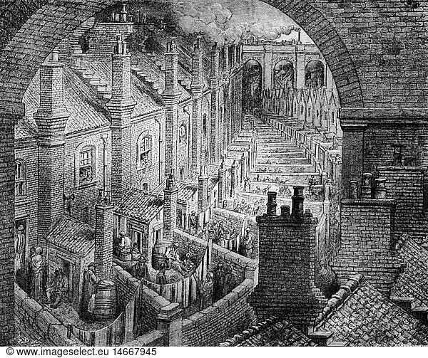 geography / travel  Great Britain  London  flats of working class  drawing by Gustave Dore  mid 19th century  historic  historical  slum  slums  misery  adversity  poverty  labour force  workforce  working classes  organized labour  workmanship  settlement  settlements  capital  metropolis  behemoth  industrialization  industrialisation  quarter  district /dist./  districts  chimney  smokestack  chimneys  smokestacks  Western Europe  backyard  backyards  England