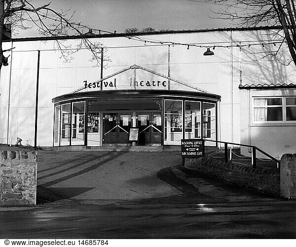 geography / travel  Great Britain  Perthshire  theatre / theater  Pitlochry Festival Theatre  exterior view  1960s  60s  20th century  historic  historical  Europe  Western Europe  Scotland  building  buildings  architecture  festival hall  festival halls  main-entrance  entrance  doorway  entry  entryway