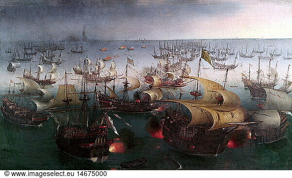 geography / travel  Great Britain  Spanish War 1582 - 1604  battle against Spanish armada in the English Channel  July 1588  painting by Cornelius Hendrick Vroom  Tyrol state museum  Innsbruck  16th century  historic  historical  fine arts  battles  British  ships  sailing ships  galleon  galleons  caravel  caravels  fire  burning  cannon  firefight  naval battle  naval battles  attack  Spanish invasion  navy  fleet  naval war  naval wars  17th century
