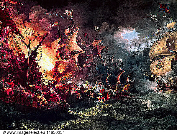 geography / travel  Great Britain  war against Spain  naval battle against the armada  English Channel  coloured lithograph by P.S. de Loutherbourg  British Museum London  17th century  historic  historical  lithography  lithographs  lithographies  fleed  battles  navy  fight  fighting  burning ships  Enlgand  people