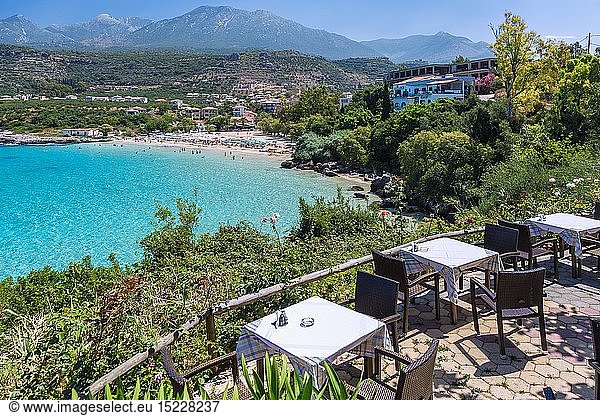 geography / travel  Greece  Peloponnes  Mani  Stoupa  Kalogria Beach  view towards Taigeto Mountains with Prophitis Iliad  restaurant panorama