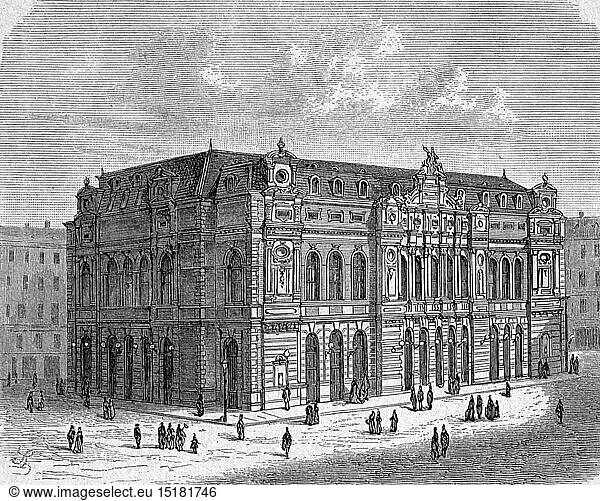 geography / travel historic  Germany  cities and communities  Cologne  theatre / theater  municipal theatre at the Glockengasse  built 1870 - 1872  architect: Julius Carl Raschdorff  exterior view  wood engraving  circa 1880  city  playhouse  playhouses  culture  cultures  building  buildings  street  streets  people  Kingdom of Prussia  Rhine Province  Rhineland  German Empire  Imperial Era  Europe  19th century  community  communities  theatre / theater  theaters  municipal theatre  municipal theatres  architect  architects  historic  historical
