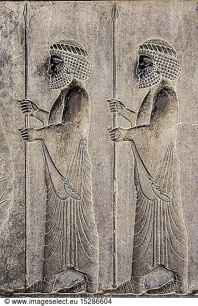 geography / travel  Iran  Persepolis  former capital of the Achaemenids  founded by king Darius I  520 BC  Apadana Hall  East Stairs  northern wall  detail  Persian warriors