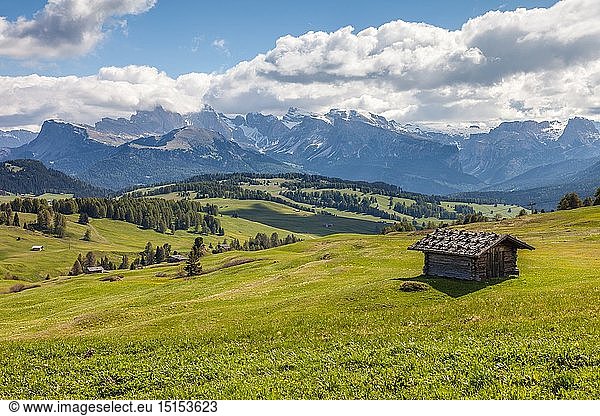 geography / travel  Italy  South Tyrol  Alm and alpine hut on the Seiser mountain pasture