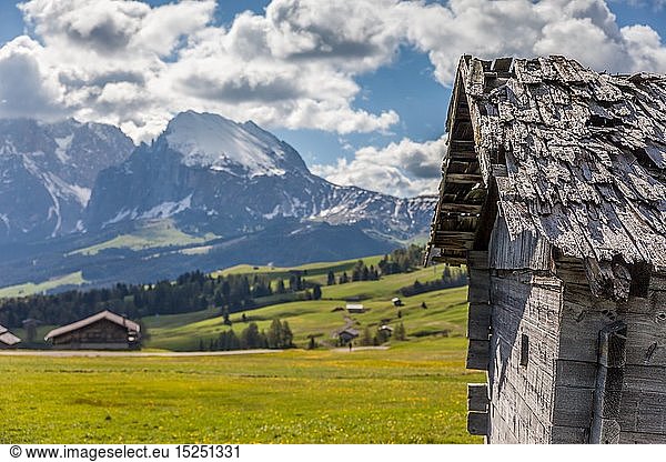 geography / travel  Italy  South Tyrol  Alpine hut on the Seiser mountain pasture  view to the Plattkofel