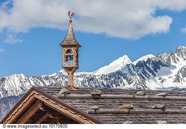 geography / travel  Italy  South Tyrol  belfry at Alpine hut on the Klausberg near stone house  Ahrntal (Ahrn Valley)