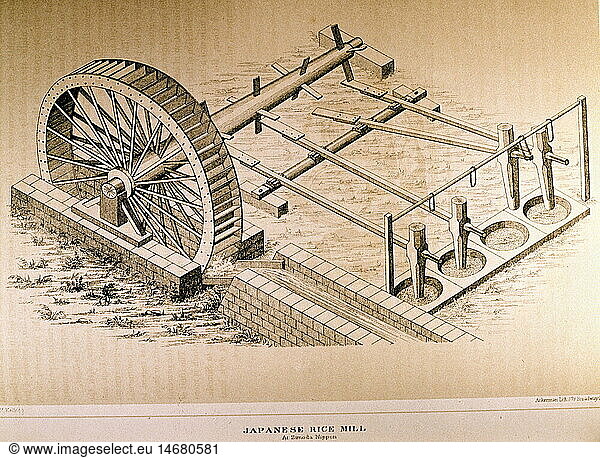 geography / travel  Japan  agriculture  rice  ricemill  waterpower  engraving  19th century  historical  historic  water wheel  hammer  beams  energy  transformation